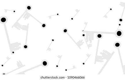 Many Light Blue and Black Keys of Different Size on White Background