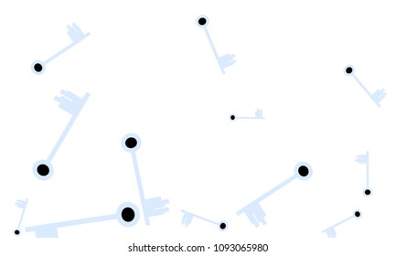 Many Light Blue and Black Keys of Different Size on White Background