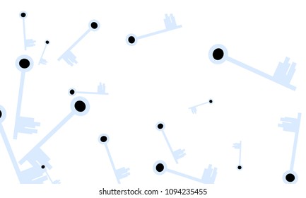 Many Light Blue and Black Keys of Different Size on White Background