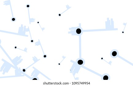 Many Light Blue and Black Keys of Different Size on White Background