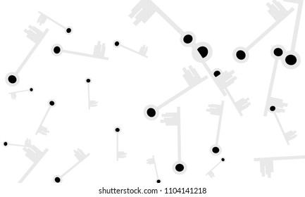 Many Light Blue and Black Keys of Different Size on White Background
