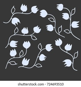 Many Light Blue Flowers with Stem and Leaves on Dark Background