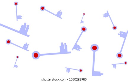 Many Light Blue and Red Keys of Different Size on White Background
