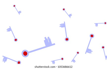 Many Light Blue and Red Keys of Different Size on White Background