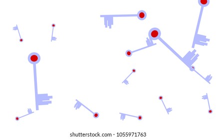 Many Light Blue and Red Keys of Different Size on White Background