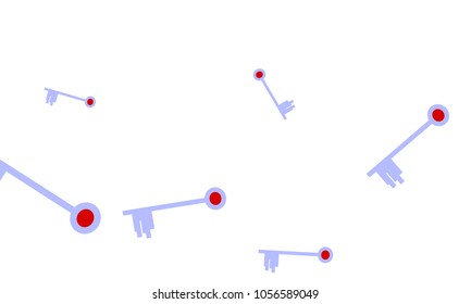 Many Light Blue and Red Keys of Different Size on White Background