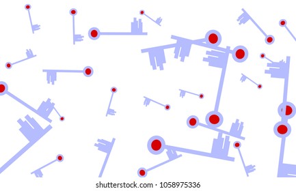 Many Light Blue and Red Keys of Different Size on White Background