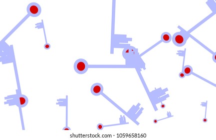 Many Light Blue and Red Keys of Different Size on White Background