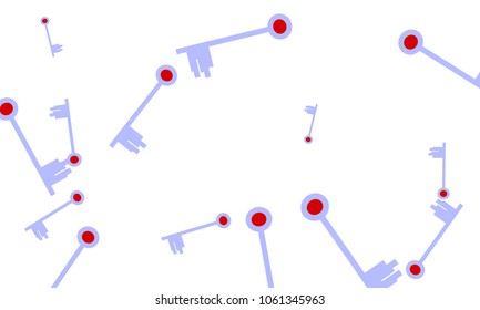 Many Light Blue and Red Keys of Different Size on White Background