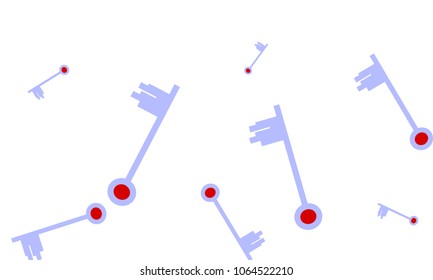 Many Light Blue and Red Keys of Different Size on White Background