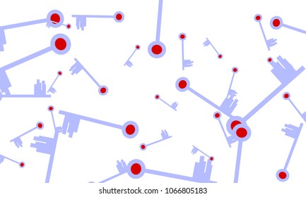 Many Light Blue and Red Keys of Different Size on White Background