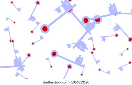 Many Light Blue and Red Keys of Different Size on White Background