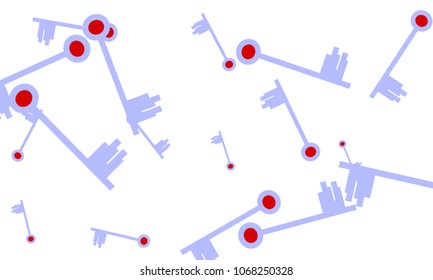 Many Light Blue and Red Keys of Different Size on White Background