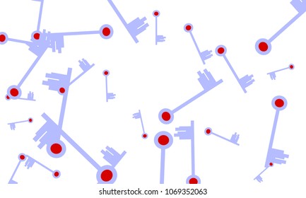 Many Light Blue and Red Keys of Different Size on White Background