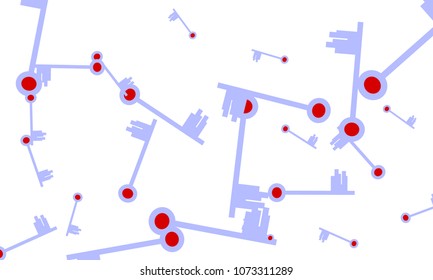 Many Light Blue and Red Keys of Different Size on White Background