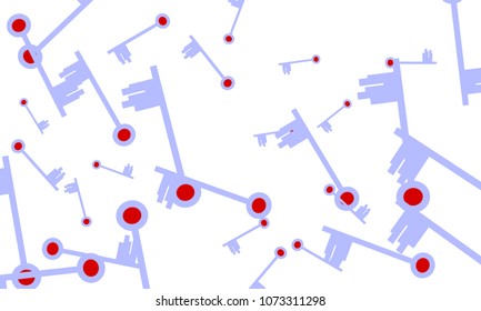 Many Light Blue and Red Keys of Different Size on White Background
