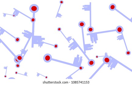 Many Light Blue and Red Keys of Different Size on White Background