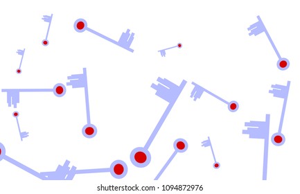 Many Light Blue and Red Keys of Different Size on White Background
