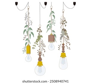 Many light bulbs decorated with leaves