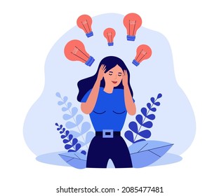 Many light bulbs and innovation brainstorming of person. Girl thinking about ideas flat vector illustration. inspiration, analysis of information concept for banner, website design or landing web page