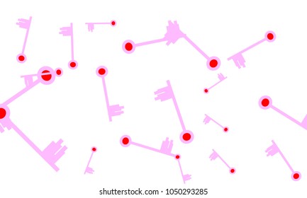 Many Light Pink and Red Keys of Different Size on White Background