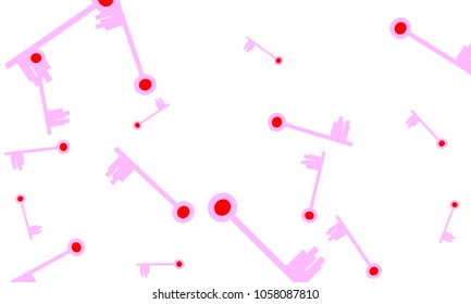 Many Light Pink and Red Keys of Different Size on White Background
