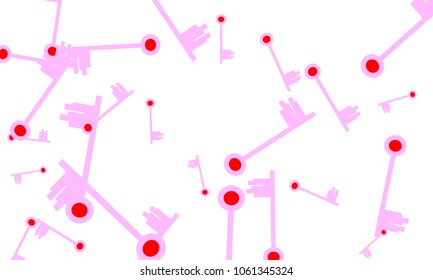 Many Light Pink and Red Keys of Different Size on White Background