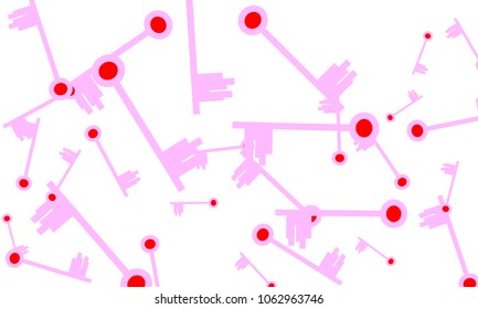Many Light Pink and Red Keys of Different Size on White Background