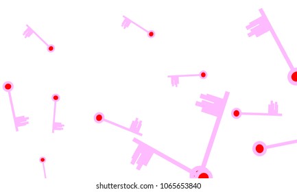 Many Light Pink and Red Keys of Different Size on White Background