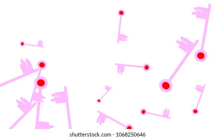 Many Light Pink and Red Keys of Different Size on White Background
