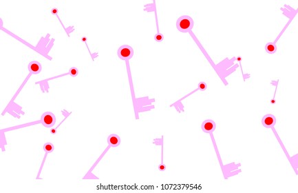 Many Light Pink and Red Keys of Different Size on White Background