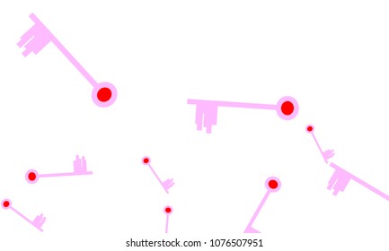 Many Light Pink and Red Keys of Different Size on White Background