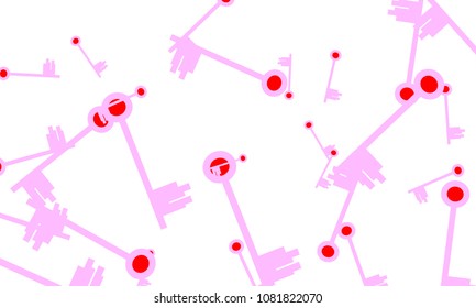 Many Light Pink and Red Keys of Different Size on White Background