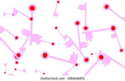 Many Light Pink and Red Keys of Different Size on White Background
