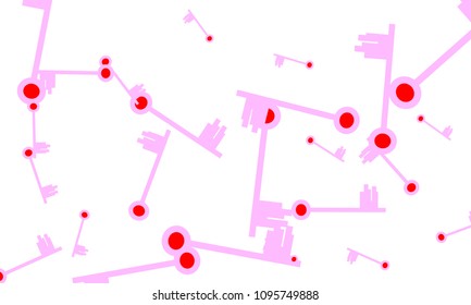 Many Light Pink and Red Keys of Different Size on White Background
