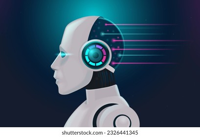 Many lights into the android robot's head or artificial intelligence. Illustration about the brain processing of artificial intelligence for fast learning with the input of more data.