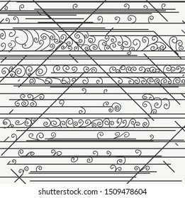 Many lines are arranged in rows. Several of them lie diagonally. Between objects there are curls.
