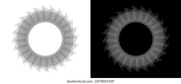 Many lines in a circle. Chaos and order concept. A black figure on a white background and the same white figure on the black side.