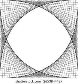 Viele Linien verbinden die Seiten eines Quadrats, um eine abgerundete Form in der Mitte und 3D-Ebenen um sie herum zu bilden.