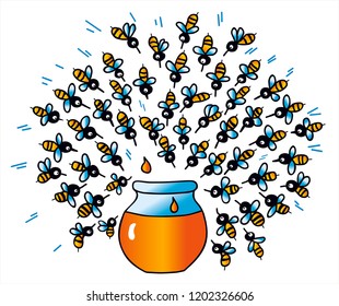 Many little bees with a jar of honey. Colored vector for card or gift. 