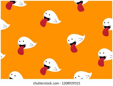 Many little cute ghosts smile tongue with flying on orange background. Seamless pattern gift wrap and wallpaper of Halloween holiday in vector design.