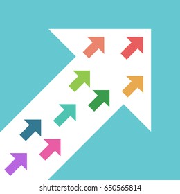 Many little different multicolor arrows inside diagonal white big one. Teamwork, leadership and cooperation concept. Flat design. EPS 8 compatible vector illustration, no transparency, no gradients