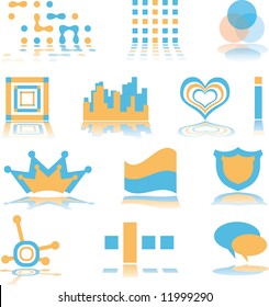 Many logo designs in orange and blue with drop shadow