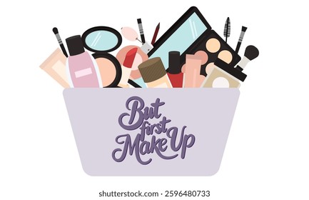 Many make up accessories in cosmetics bag in flat style. Hand drawn vector art.