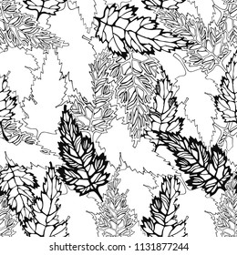 Many maple leaves black and white graphics on a white background. Seamless pattern. Background for packaging, wallpaper, textiles.