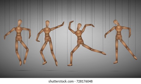 many marionette in different positions hanging on the threats, vector