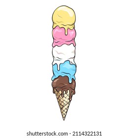 Many melting ice cream balls in a waffle cone, vector drawing