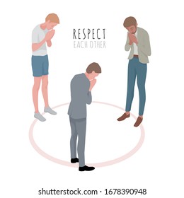 Many men greet each other by raising their hands to pay respect, vector illustration and flat design.