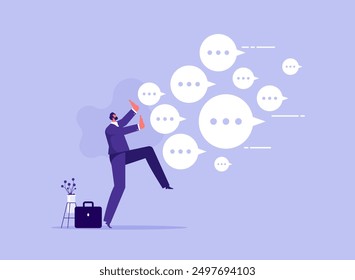 Too many messages or spam concept, communication problem or overload, businessman try to stop many speech bubble, working too hard, overworked