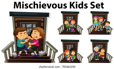 Many mischievous kids at front door illustration